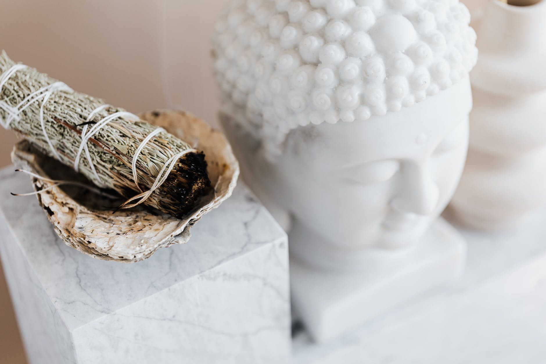 Quote challenge day 3 header shows sage smudge stick in bowl on marble shelf near buddha head