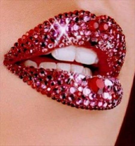 backstage girl header shows bedazzled lips 