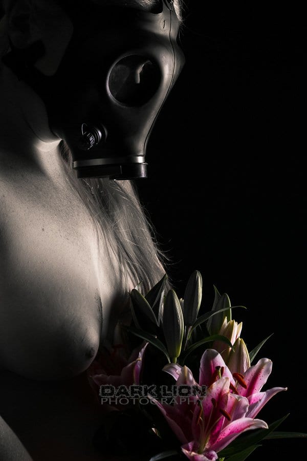 hearts and flowers for TMI Tuesday header image shows a black and white photograph topless woman in a gasmask holding a bunch of oriental lilies in full colour up to her naked chest.
