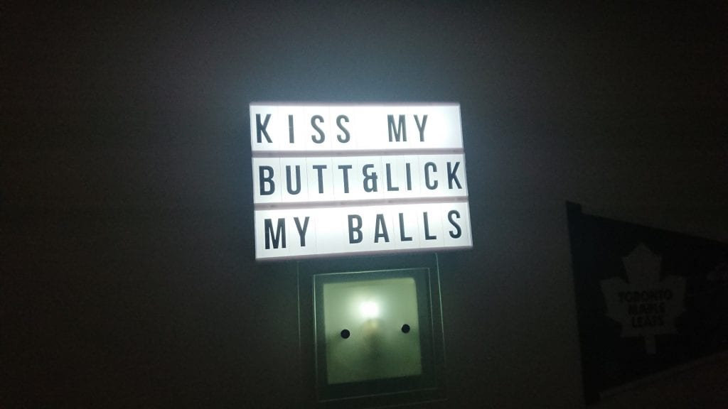 Header for the post Balls beautiful balls. Illuminated sign saying Kiss my butt and lick my balls.