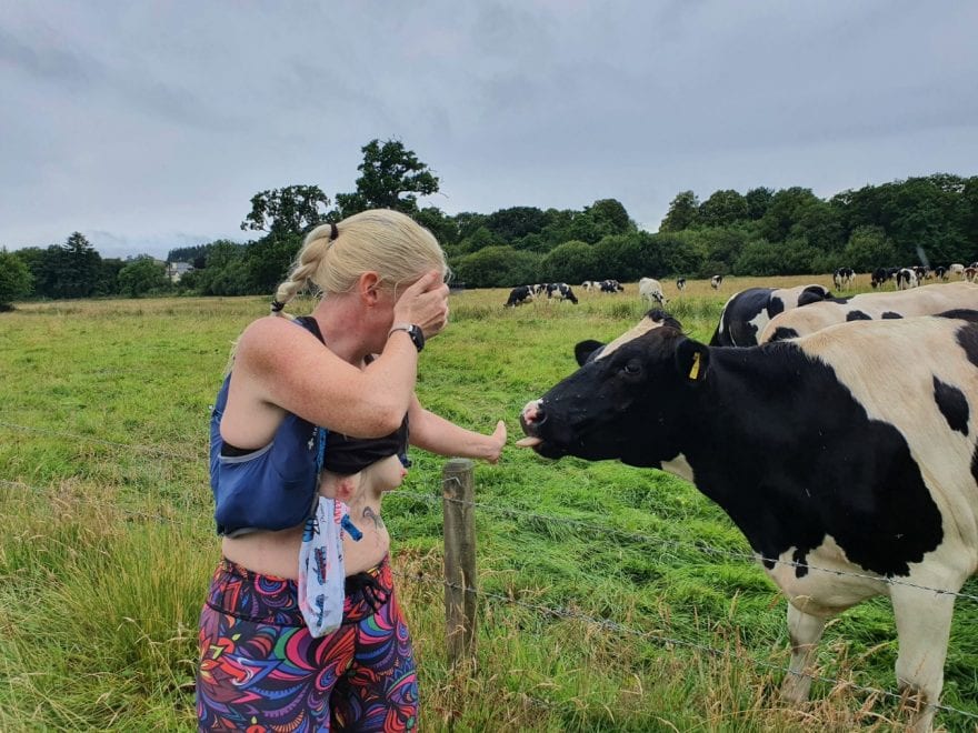 refocus refresh restart header image shows the barefoot sub in running gear, exposing her breasts while being greeted by a cow.