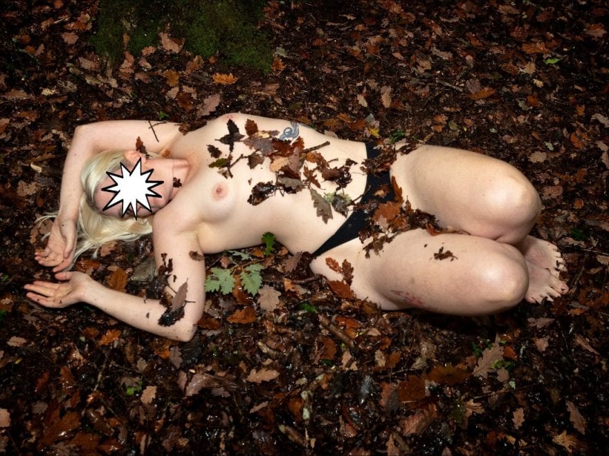 barefoot sub abandoned in the leaves, naked except for knickers