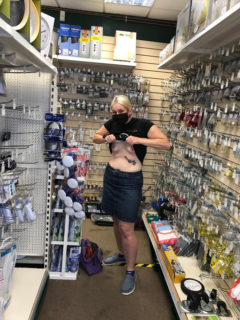 Traditional bank holiday weekend excursion to the hardware store, with exposed breasts