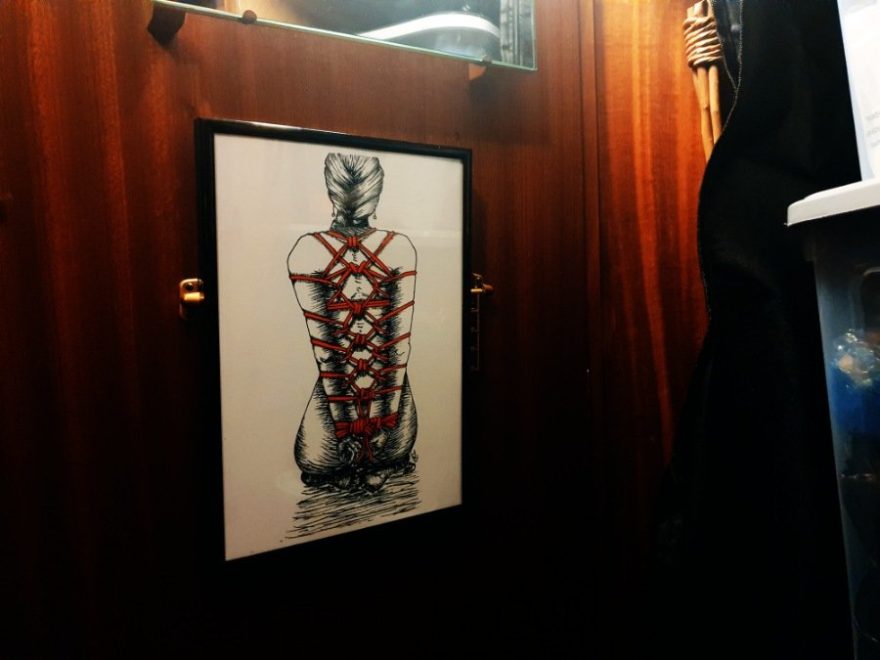 Skeleton In The Cupboard header shows a pen and ink drawing of a naked woman kneeling, facing away, bound in an armbinder of red rope. Picture is hung inside a wardrobe