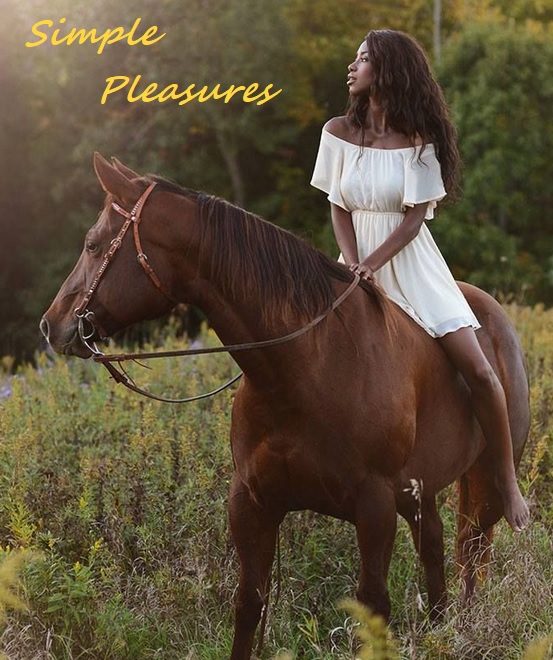 lady in a white dress, riding a horse barefoot, with words saying Simples Pleasures.
