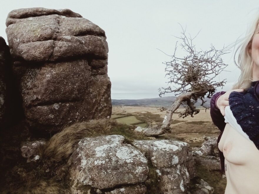 Exposing my breasts atop Sharp Tor.