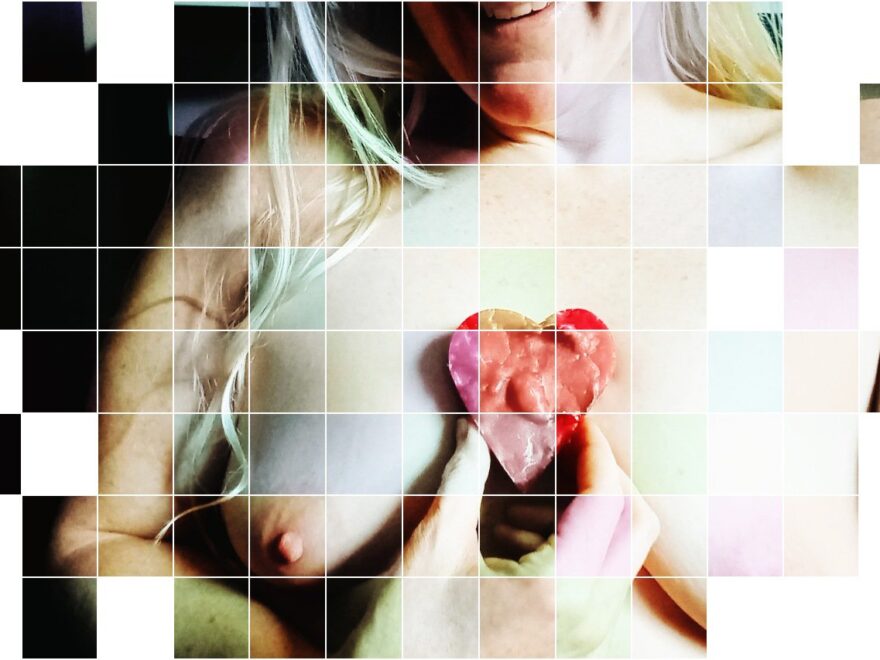 Listen to your heart header shows an image of me, topless, holding a wax heart to my chest. The edit has a tile effect.