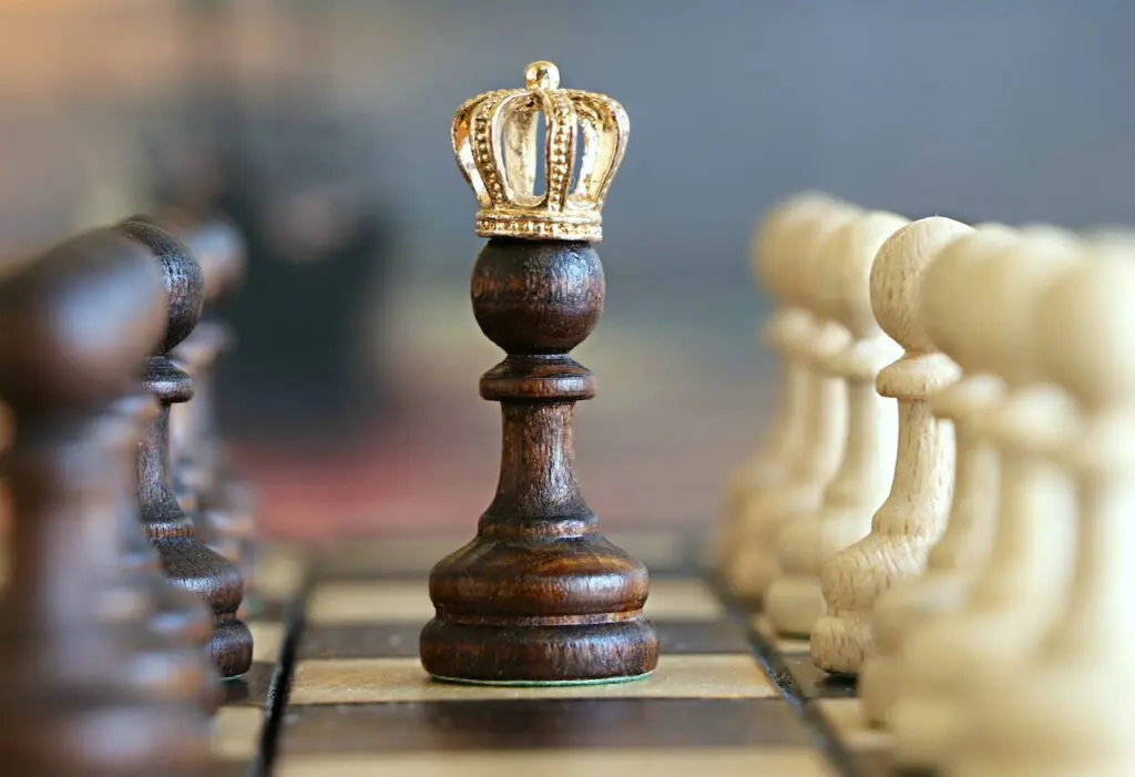 A chess piece pawn has become a queen by adding a gold crown on top.