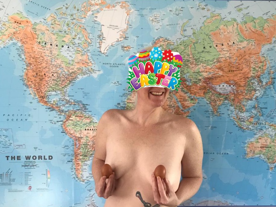 Let the Easter fun and games commence with a boobday image in front of a map.