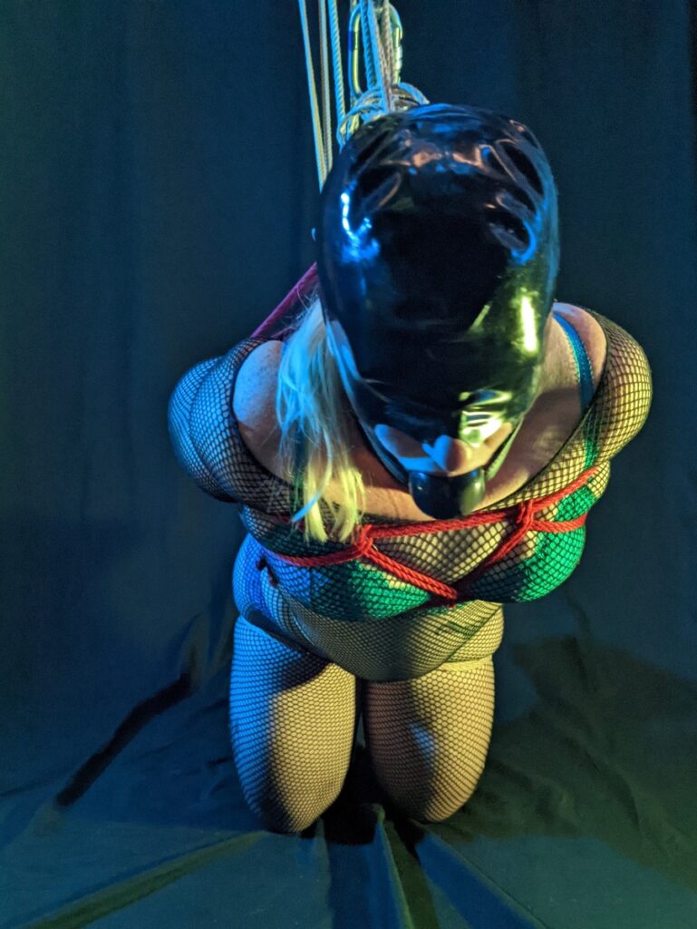 gagging order header shows me tied with my arms behind my back, partially suspended, with a latex hood covering all but my mouth which is stuffed with a ball gag