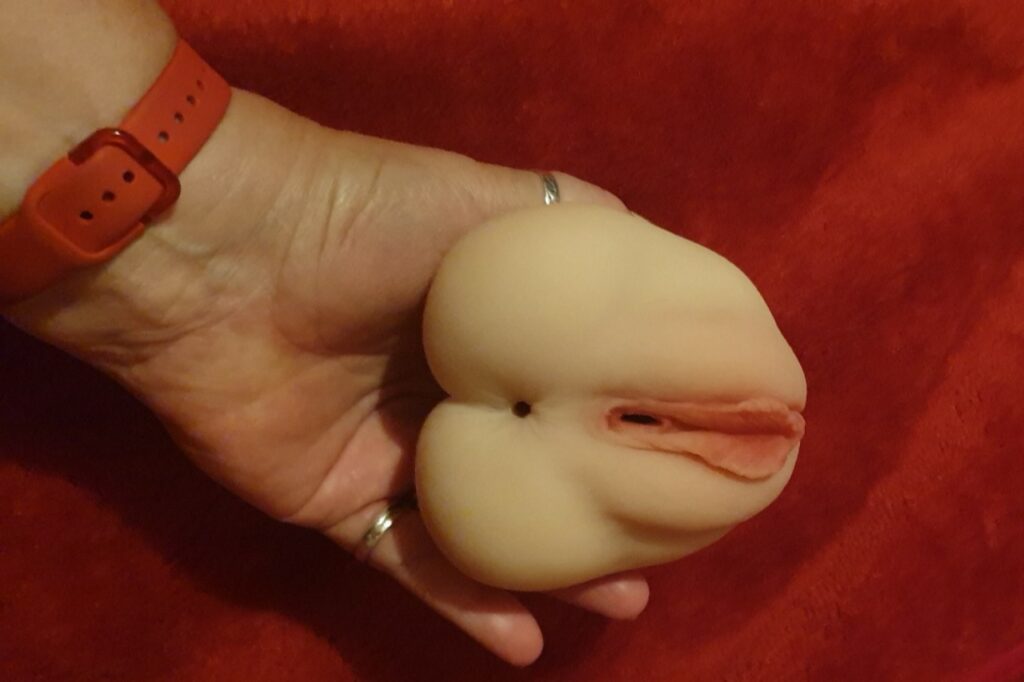 This pocket pussy, held in CCs hand, has realistic looking labia.