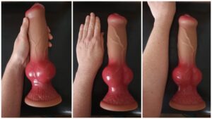 side by side comparison of the huge dildo against my arm.