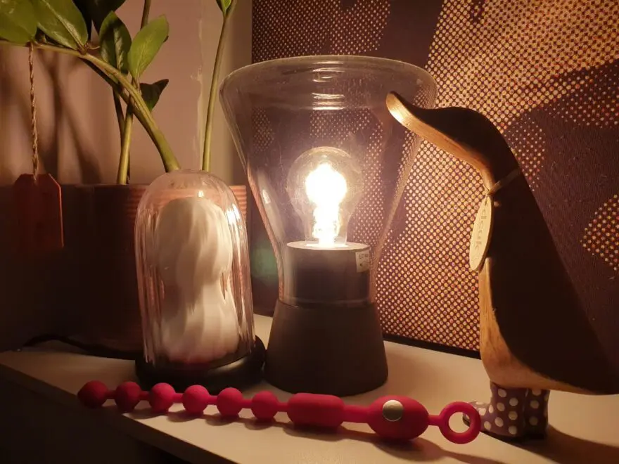 The Joy snowman and anal beads sit alongside a lamp, being watched by a wooden duck.