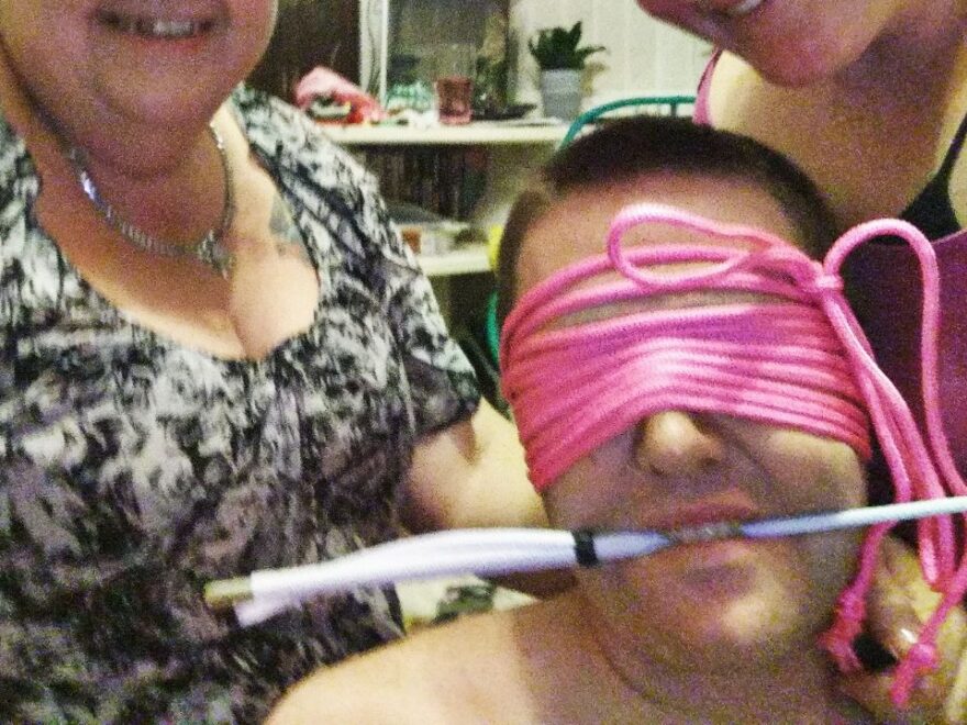 To illustrate how images in our head become fuzzy over time, I've edited this image of me, CC and the bound boy, to be a little fuzzy. He has a white crop in his teeth and extensive, bright pink, face rope.